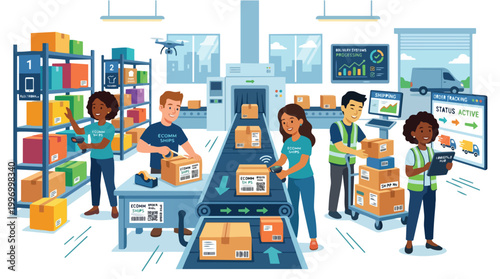 Modern E-commerce Warehouse Logistics and Shipping Process with Workers Operating Drones and Conveyor Belts for Efficient Order Fulfillment and Delivery Tracking