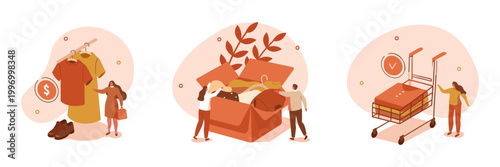 Online shopping and delivery concept with shopping cart and box vector illustration flat design delivery person ecommerce illustration consumer purchase discount promotion