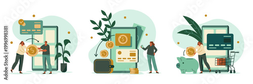 Online payment and mobile banking concept with people and credit cards e commerce transaction illustration credit card smartphone cashless e commerce financial transfer technology shopping