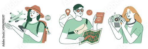 Travelers with map camera smartphone planning adventure vacation smartphone illustration backpack sunglasses destination activity recreation discovery navigation wanderlust