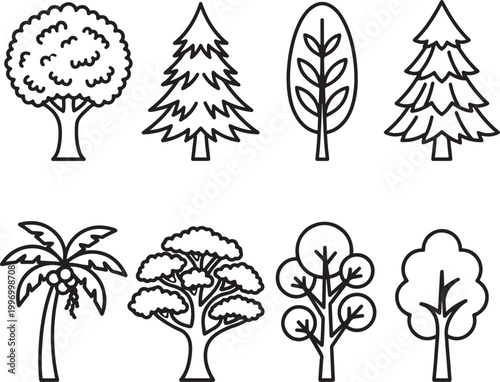 tree outline icons set forest, pine, palm and decorative trees line art vector illustration
