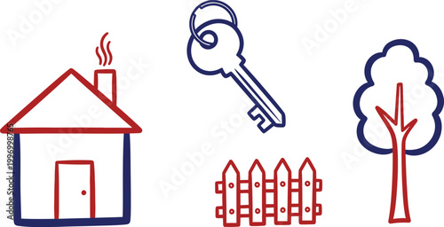 A whimsical illustration depicts symbols of home security and nature featuring a house key fence and tree