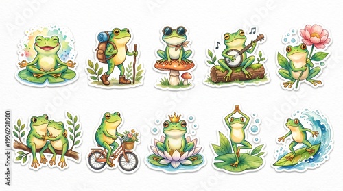 Charming watercolor green frog stickers vector illustration set, beautiful painted amphibian characters surfing riding bicycle playing banjo and doing yoga cartoon animal clip art bundle