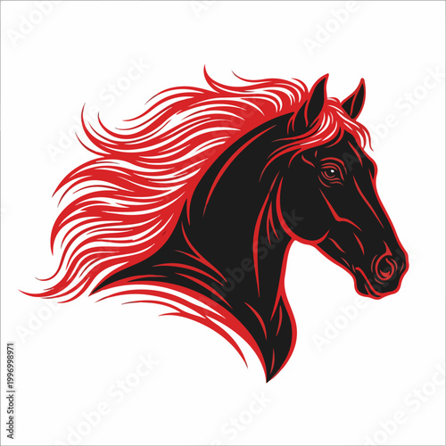 Stylized black horse head illustration with vibrant red mane.