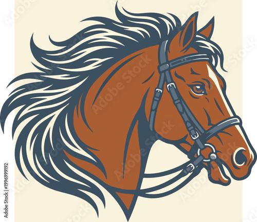Stylized Illustration of a Majestic Brown Horse Head with Bridle.