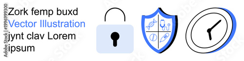 Cybersecurity, healthcare services, time management, safety, encryption, data privacy. Features a security padlock, shield with DNA and stethoscope icons and a clock. Cybersecurity and healthcare