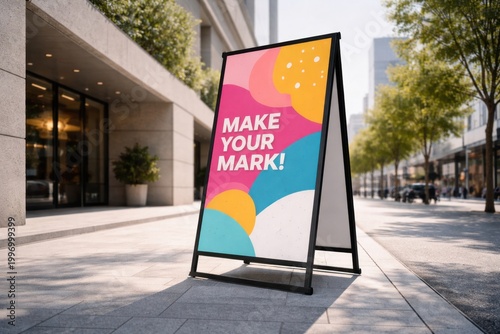 Modern A-frame sign with colorful abstract design and motivational message