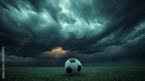 Stormy Dark Soccer Ball on Grass with Eerie Atmosphere, Dramatic Minimal Sports Background