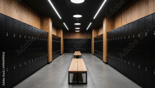 Modern locker room interior with black metal cabinets wooden pillars and benches under bright ceiling lights