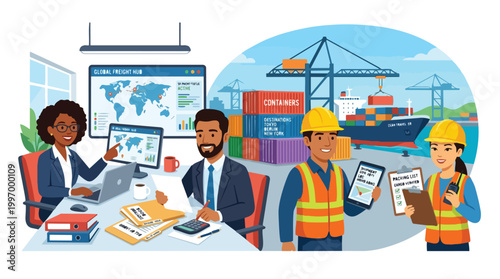 Global Freight Hub Logistics and Shipping Industry Professionals Working Together in a Busy Port with Containers and Cargo Ship