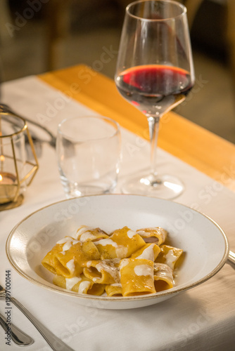 Gourmet presentation of traditional Italian paccheri pasta coated in a rich, creamy cheese sauce. The image highlights the large, tube-shaped pasta perfectly cooked and smothered in a velvety melted c