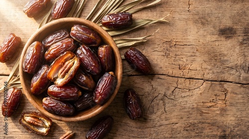 Medjool Dates in Wooden Bowl Close Up Fresh Organic Sweet Fruit