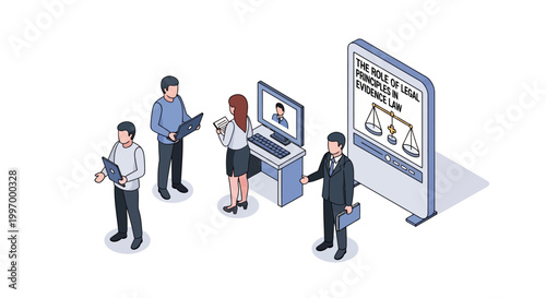 Legal professionals discussing law and justice with digital technology.