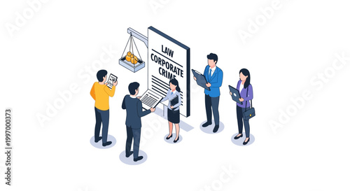 Legal professionals examine corporate crisis documents and scales of justice.