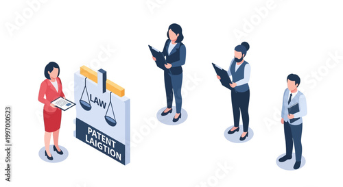 Legal Professionals Reviewing Documents and Discussing Patent Lawsuit.