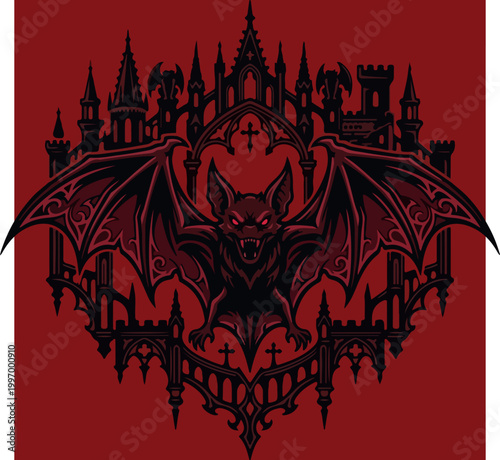 Vampire bat with gothic castle silhouette illustration.