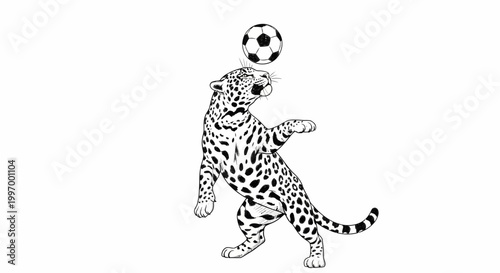 Leopard Playing Soccer - A Unique Black and White Illustration.