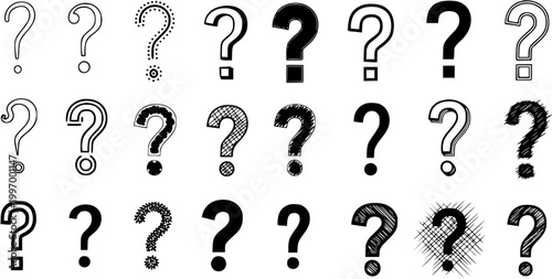 Photos Set of Diverse Black and White Question Mark Symbols in Various Styles for Queri