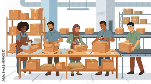 Diverse team of workers in a warehouse packing and shipping boxes on a conveyor belt and table, illustrating logistics and fulfillment operations
