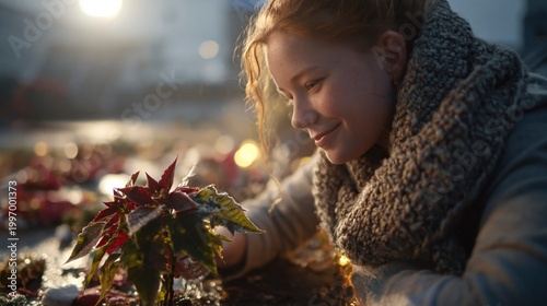 Young woman looking at poinsettia plant