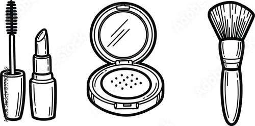 Elegant black and white sketch of cosmetic essentials mascara lipstick powder compact and makeup brush