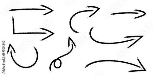 Hand drawn doodle arrows set, marker pen curved and straight direction lines. Brush stroke scribble arrow shapes collection, sketch style symbols vector