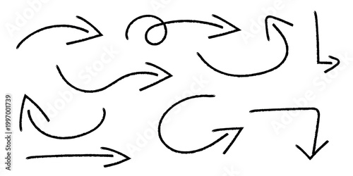 Hand drawn doodle arrows set, marker pen curved and straight direction lines. Brush stroke scribble arrow shapes collection, sketch style symbols vector