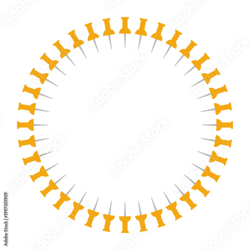 Circle frame with push pins. Round border of office stationery for school or office. Perfect for wrapping paper, textile, packaging, decor, print, notebooks and creative design.