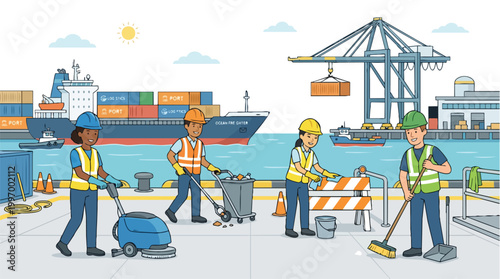 Diverse Port Workers Cleaning and Maintaining Shipping Dock Area with Industrial Equipment Vector Illustration