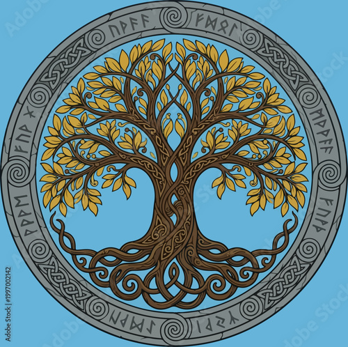 Yggdrasil tree of life with celtic knotwork and runic circle.