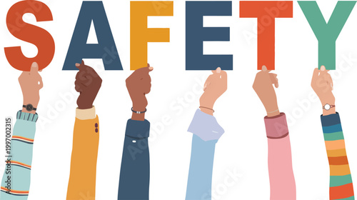 Diverse group of people holding up the word safety