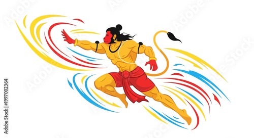 A vibrant illustration showcases Hanuman, the revered Hindu monkey god, in dynamic motion with swirling colors, conveying strength and devotion against a clean white background