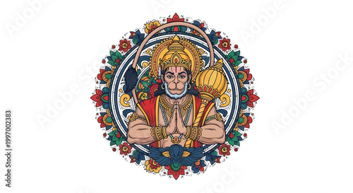 Detailed vector illustration of the Hindu monkey god Hanuman in a prayerful pose, set against a vibrant and ornate mandala, conveying devotion and tradition on a clean white backdrop