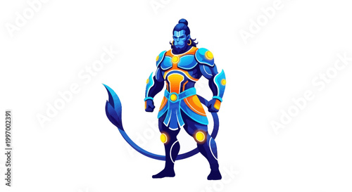 A stylized vector illustration of a powerful blue-skinned Hindu character, Hanuman, standing tall in ornate armor, presented against a clean white background that emphasizes his strength