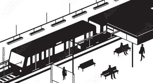 Urban transit station, black and white illustration, city train stop, public transportation hub