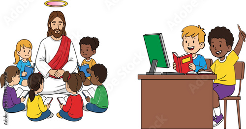 Illustrations of Jesus Teaching Children and Kids Studying at Desk for Religious Education and Learning Designs
