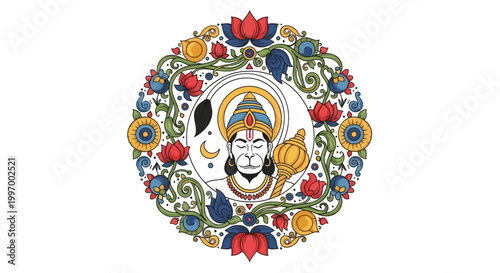 Detailed vector art featuring Hanuman, the Hindu monkey god, within a colorful floral wreath, rendered in a flat style with symbolic ornamentation, celebrating Indian religious traditions