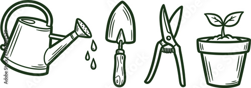 Gardening tools and seedling illustration a hand drawn collection for horticulture and plant care enthusiasts