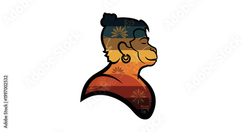 Stylized vector of Hanuman, the Hindu monkey god, depicted in profile with warm earthy tones and intricate floral patterns, embodying devotion and strength against a clean white background