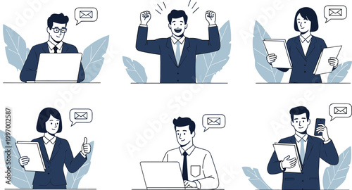 Business People Communication Vector Set with Office Workers Using Laptop Email Messages Documents and Corporate Interaction Illustrations for Workplace Design