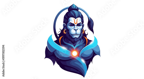 A stylized illustration of the Hindu monkey god Hanuman, rendered with vibrant colors and intricate details, stands out against a clean white background, embodying religious devotion