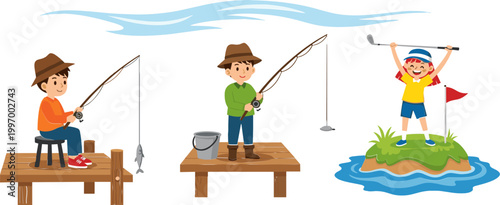 Illustrations of Kids Fishing from Docks and Playing Golf in Outdoor Fun Activities for Summer Recreation