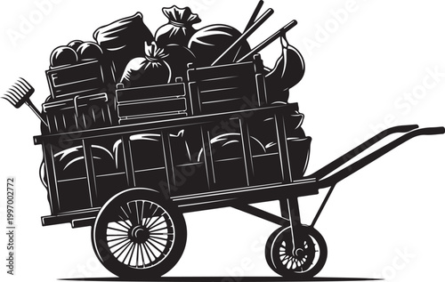 Black wheelbarrow, gardening tools, trash bags, vector illustration, garden waste, landscaping supplies