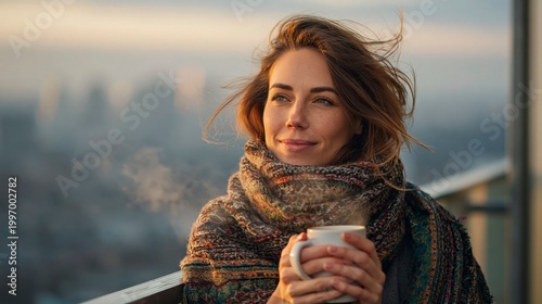 Woman with scarf holding a hot drink on a balcony