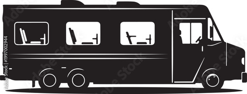 Motorhome, RV, camper van, recreational vehicle, travel trailer, vector silhouette, black icon