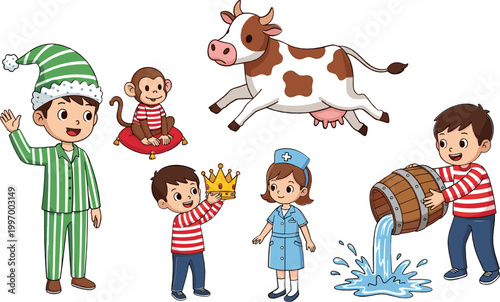 Illustrations of Kids in Playful Poses with Animals, Water, and Crown for Fun and Adventure Designs