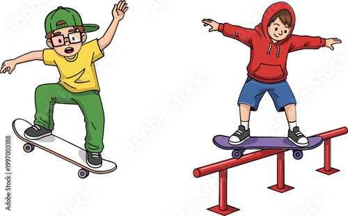 Illustrations of Kids Skateboarding and Performing Tricks on Rails for Sports and Adventure Designs