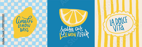 Amalfi lemon days triptych poster set with hand drawn citrus, salty air lemon flair quote and rustic stripe textures, textured Mediterranean summer prints for wall art, cards, coastal branding. Vector