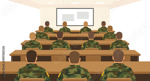 Numerous soldiers in camouflage uniforms sit at long wooden tables in a large lecture hall while viewing a detailed text presentation on a bright white screen.