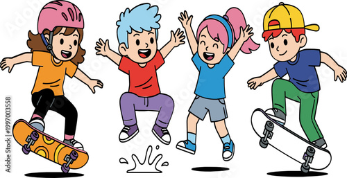Illustrations of Kids Skating, Jumping, and Having Fun with Skateboards for Active and Adventure Designs